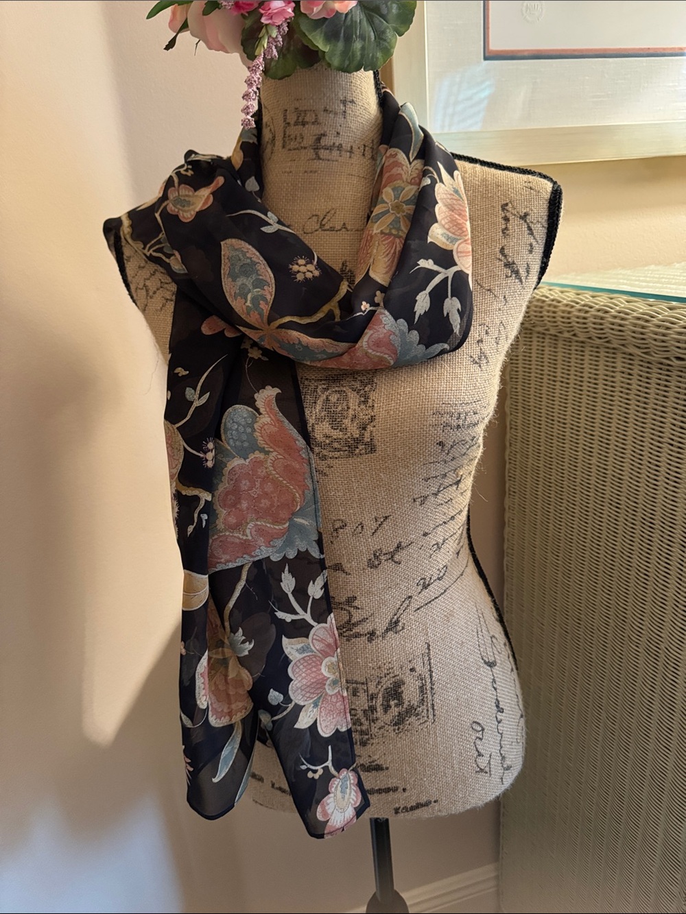 Floral Black Chiffon Scarf - Elegant Women's Accessory